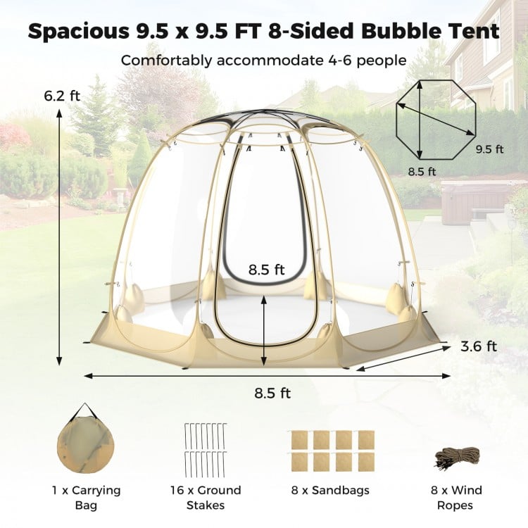 Spacious 8.5 x 8.5 FT beige pop-up bubble tent with transparent PVC walls, ideal for 5-6 people, perfect for outdoor.