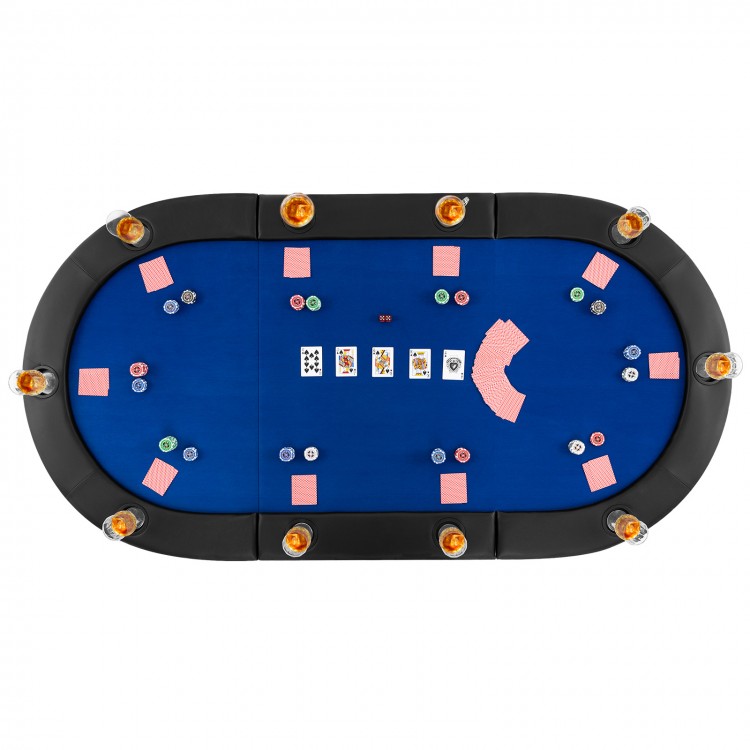 Portable 84 x 42 inch blue poker table top for 10 players, featuring cushioned armrests and cup holders for organized.