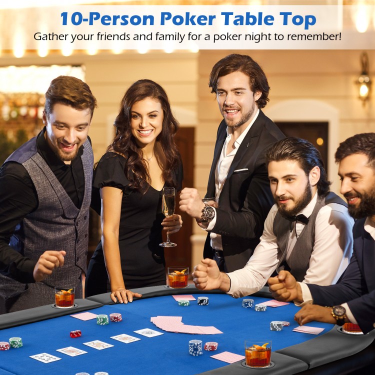 10-player foldable poker table top in blue with cushioned armrests, perfect for game nights and gatherings.