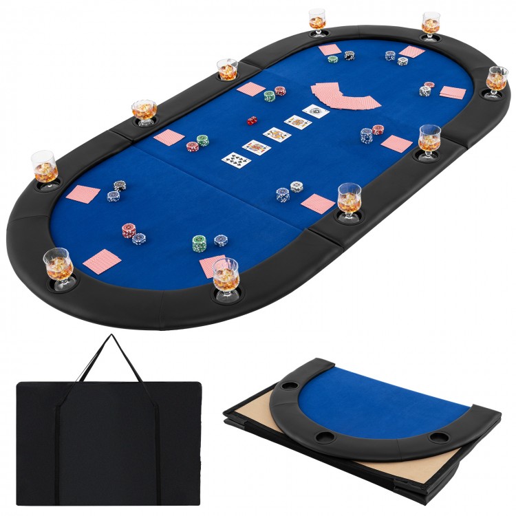 Portable 84 x 42 inch foldable poker table top with blue felt, 10 cup holders, and cushioned armrests for game comfort.