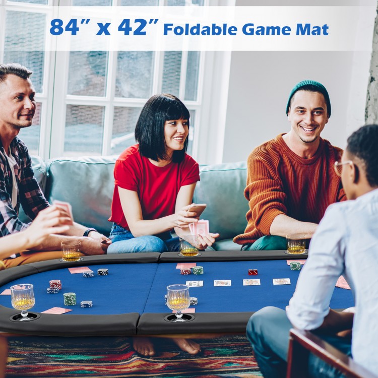 Portable 84" x 42" foldable poker table mat with cushioned armrests and cup holders, perfect for game nights.
