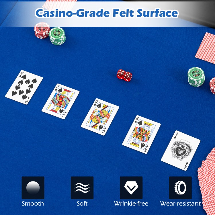 Blue casino-grade felt poker table top showing cards and chips, designed for 10 players, with padded armrests and cup.