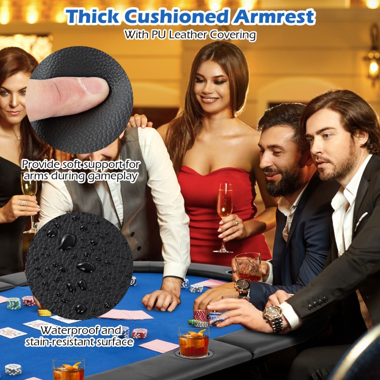 Portable 84 x 42 inch foldable poker table top with thick cushioned armrests and waterproof PU leather covering for 10.