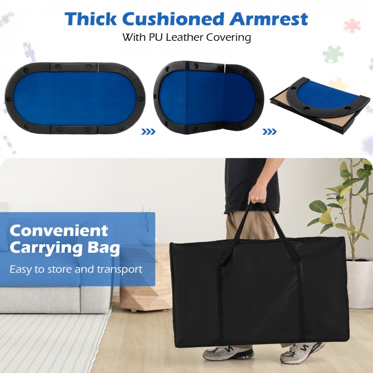 Portable 84 x 42 inch foldable poker table top with cushioned armrests and carrying bag, perfect for 10 players.