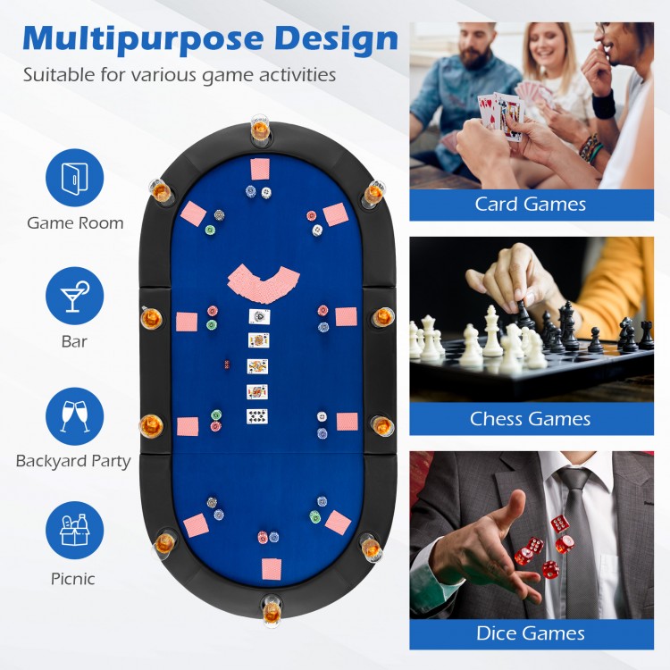 Portable 84 x 42 inch foldable poker table top in blue, designed for 10 players, ideal for card and dice games.