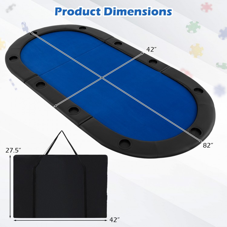 Portable 84 x 42 inch foldable poker table top with blue felt, designed for 10 players, includes carrying bag and cup.