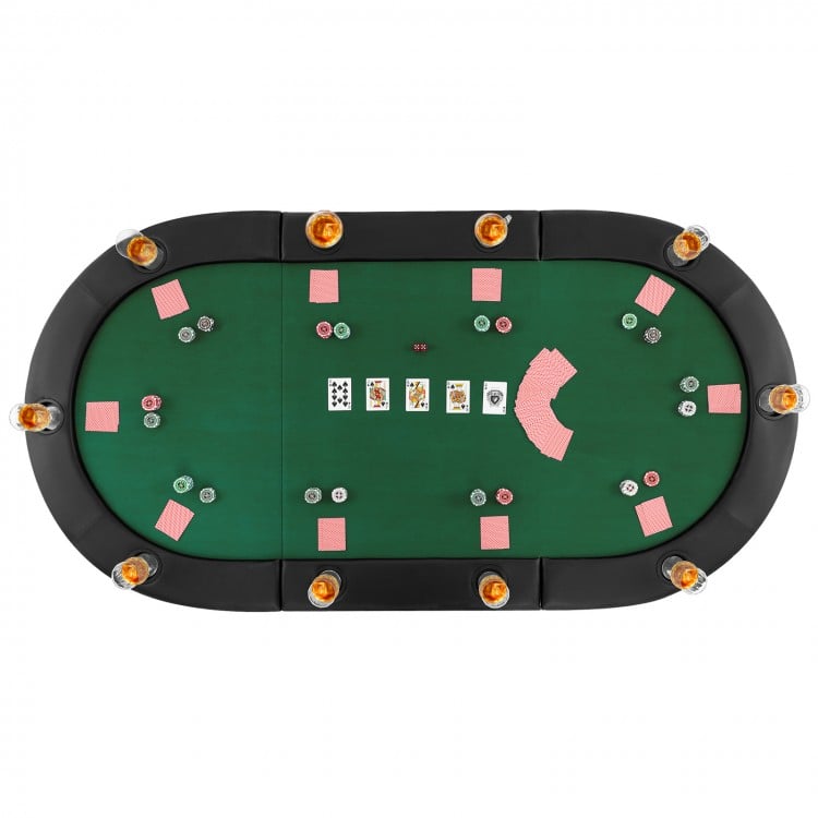 Top view of a portable 84 x 42 inch green poker table with 10 cup holders, ideal for game nights and gatherings.
