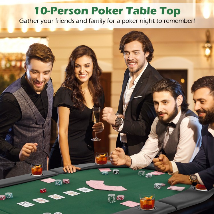 10-player foldable poker table top in green with cushioned armrests, perfect for game nights and gatherings.