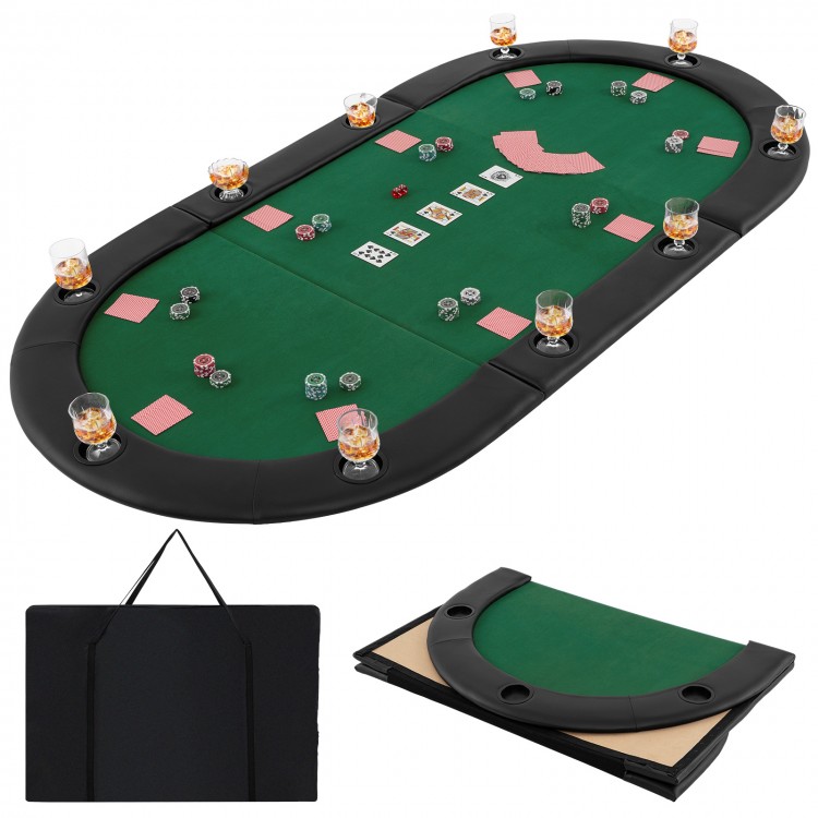 Portable 84 x 42 inch green poker table top with padded armrests, cup holders, and foldable design for 10 players.