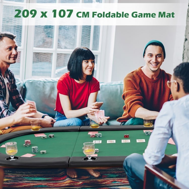 Foldable 84 x 42 inch green poker table top with 10 cup holders, perfect for game rooms and gatherings.