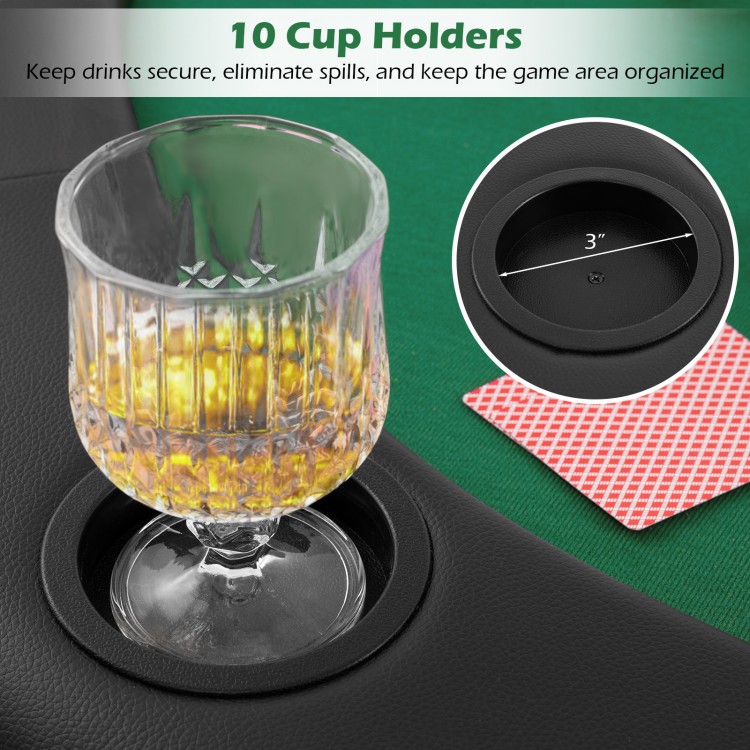 Close-up of a cup holder on the green felt poker table, featuring 10 cup holders for organized gameplay.
