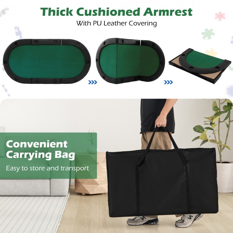 Portable 84 x 42 inch foldable poker table top with cushioned armrests and carrying bag, perfect for 10 players.
