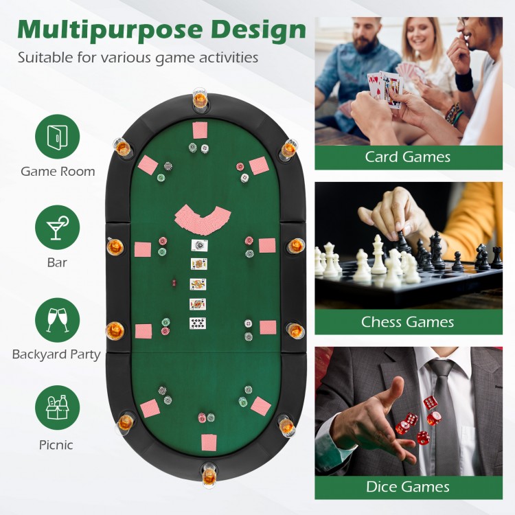 Portable 84 x 42 inch foldable poker table top in green, ideal for 10 players, perfect for game rooms and outdoor.