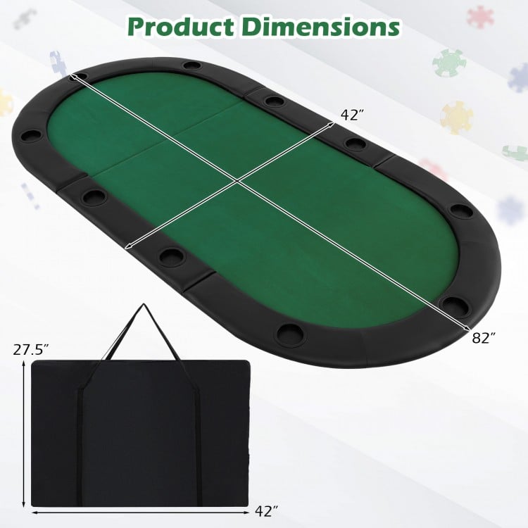Portable 84 x 42 inch foldable poker table top with green felt, accommodating 10 players, includes carrying bag.