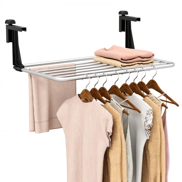 Portable aluminum clothes and towel drying rack with adjustable brackets, featuring 7 bars for hanging multiple items.