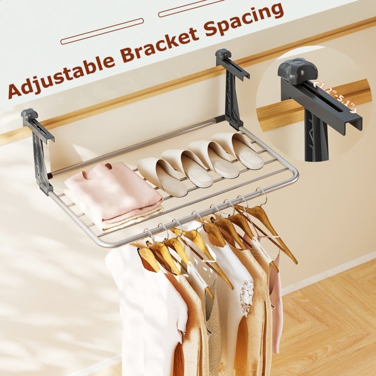 Close-up of adjustable bracket on a portable aluminum clothes and towel drying rack for versatile surface fitting.