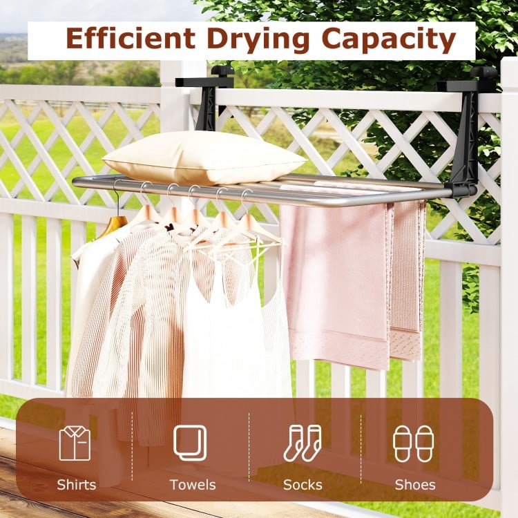 Portable aluminum clothes and towel drying rack with adjustable brackets, showcasing shirts and towels for efficient.