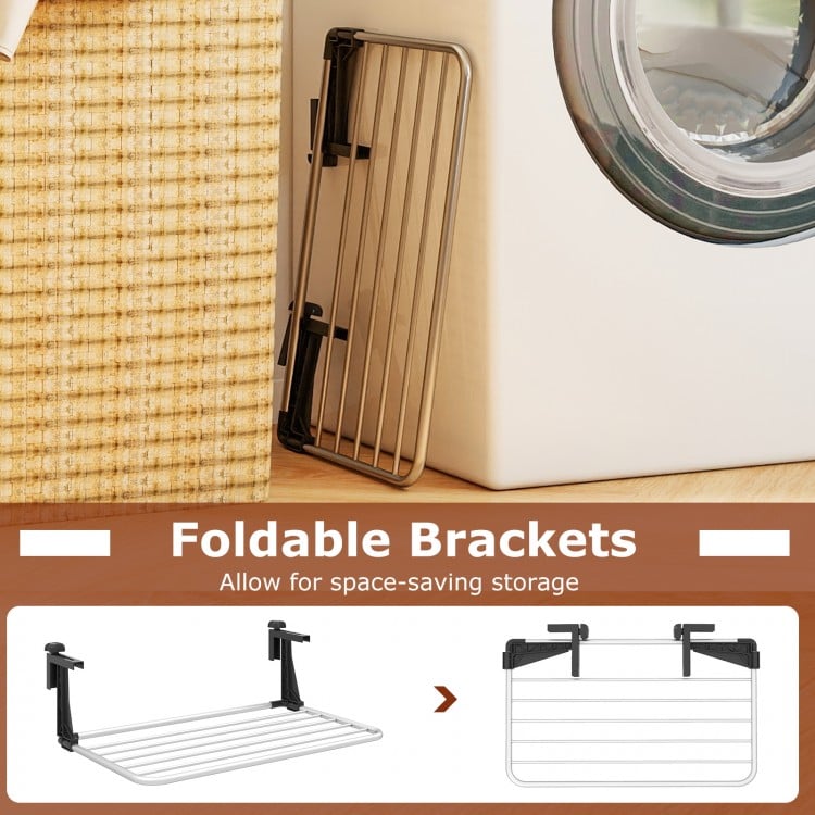 Foldable brackets of the portable aluminum drying rack for space-saving storage, ideal for indoor and outdoor use.