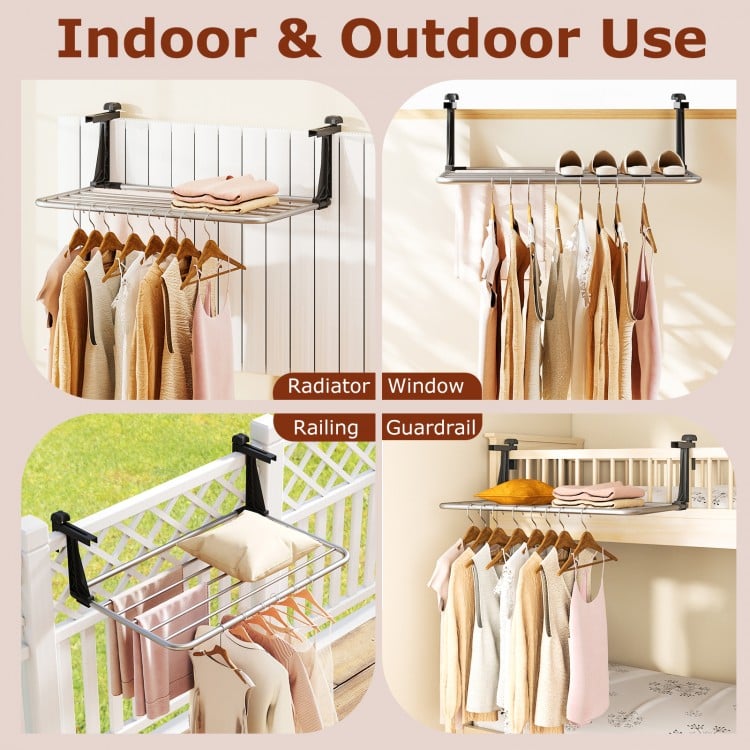 Portable aluminum clothes and towel drying rack with adjustable brackets, suitable for indoor and outdoor use.