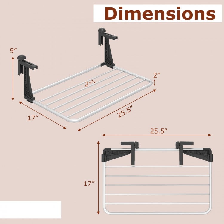 Portable aluminum clothes and towel drying rack with adjustable brackets, measuring 25.5" x 17" for versatile use.