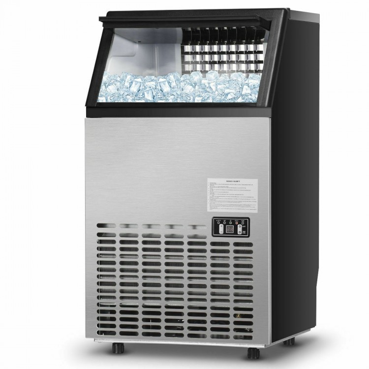 Portable built-in stainless steel commercial ice maker with 33 lbs bin capacity, producing 110 lbs of ice every 24.