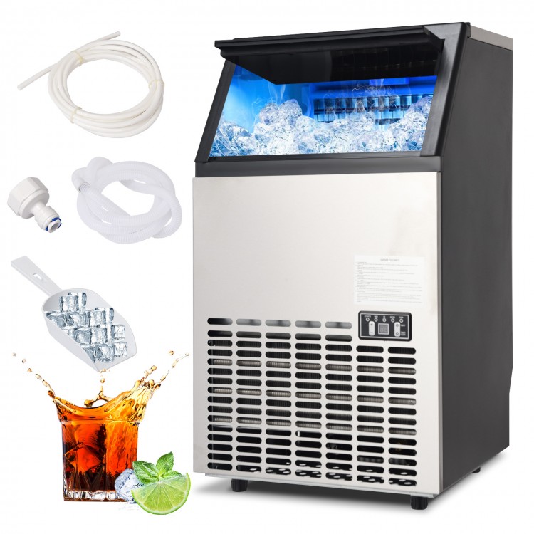 Portable stainless steel commercial ice maker with 33 lbs bin capacity, producing 110 lbs of ice every 24 hours.