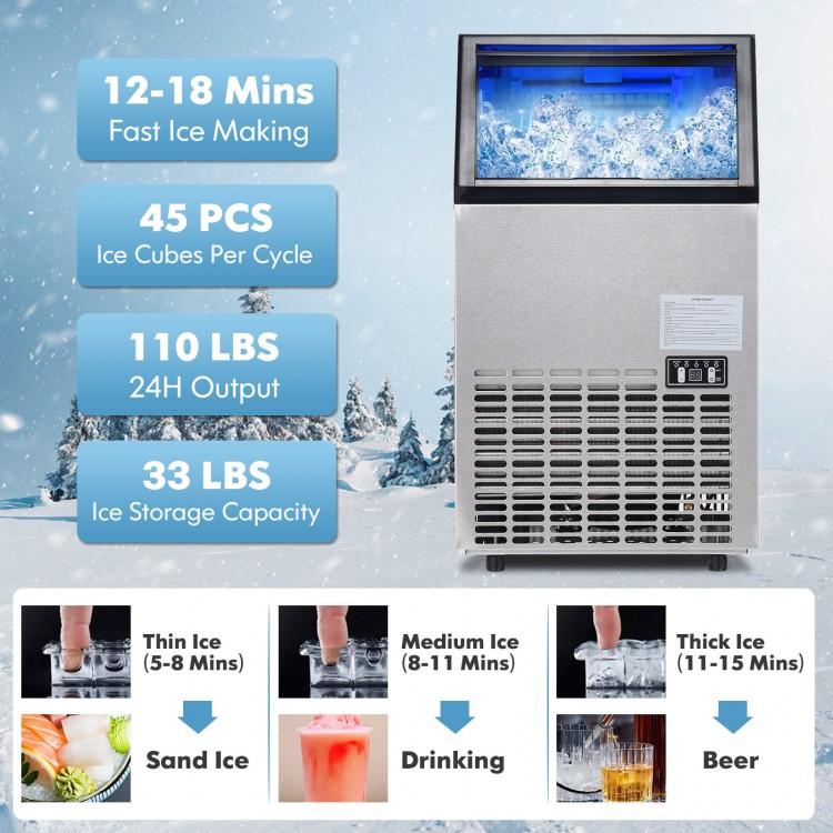 Portable built-in stainless steel commercial ice maker with 110 lbs daily output and 33 lbs storage capacity for.