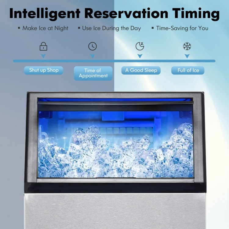 Portable built-in stainless steel commercial ice maker with 33 lbs bin capacity and blue LED lighting for efficient ice.