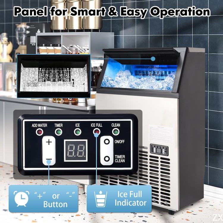 Portable built-in stainless steel commercial ice maker with control panel, 33 lbs bin capacity, and 110 lbs daily.