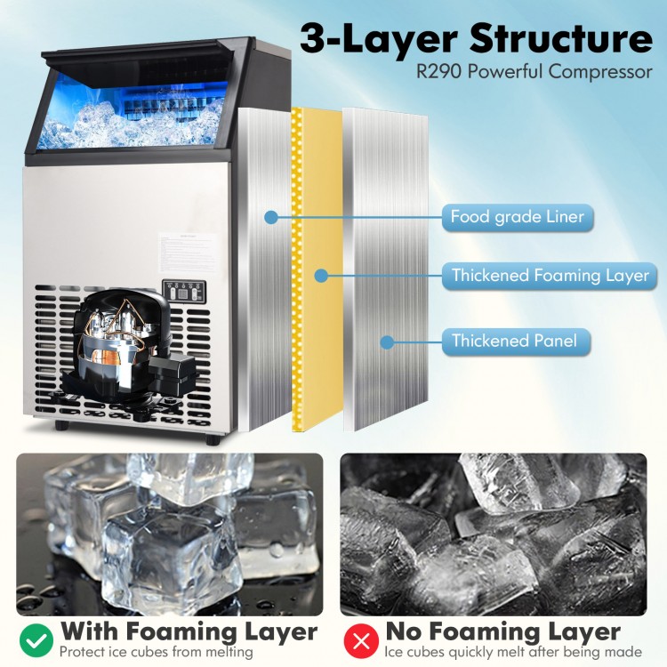 Portable built-in stainless steel commercial ice maker with a 3-layer structure for efficient ice production and.