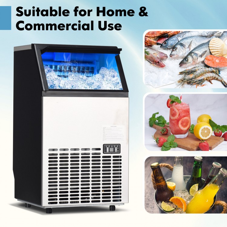 Portable stainless steel commercial ice maker with 33 lbs bin capacity, producing 110 lbs of ice daily for home and.