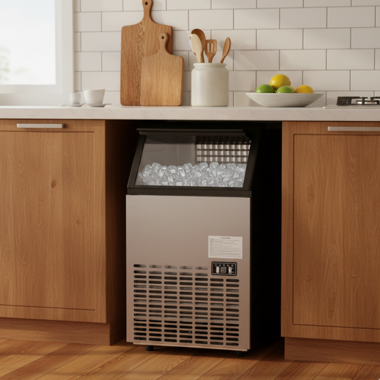 Portable built-in stainless steel commercial ice maker with 33 lbs bin capacity, ideal for home or commercial use.