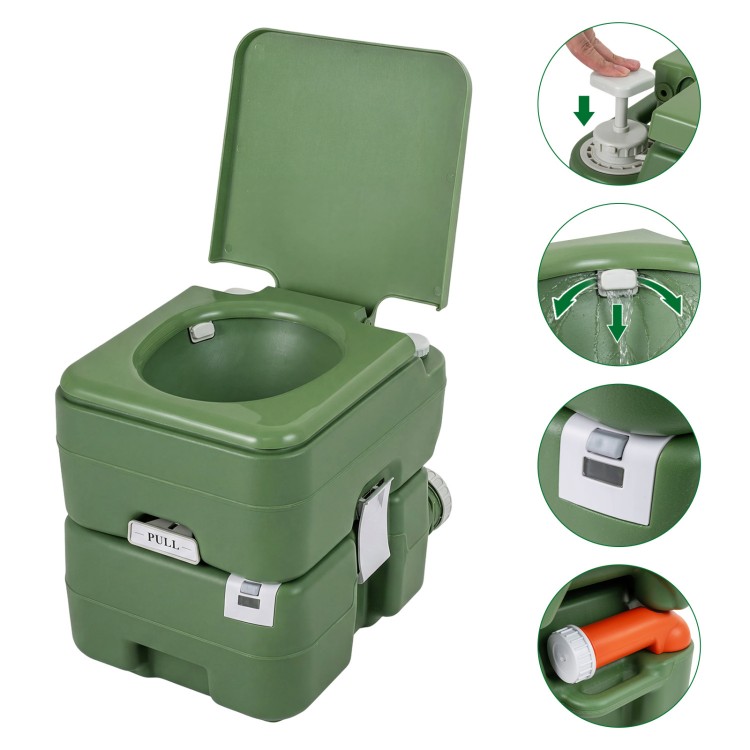 Portable camping toilet in green featuring a rotating spout for splash-free emptying and an ergonomic seat for comfort.