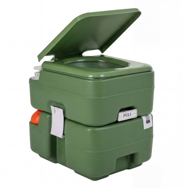Portable green camping toilet with a 22 L detachable waste tank, ergonomic seat, and level indicator for easy use.