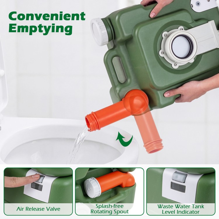 Portable camping toilet with a 22 L detachable waste tank, splash-free spout, and level indicator for easy emptying.