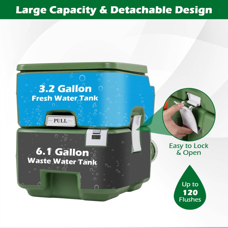 Portable camping toilet with 22 L detachable waste tank, level indicator, and ergonomic seat for easy outdoor use.