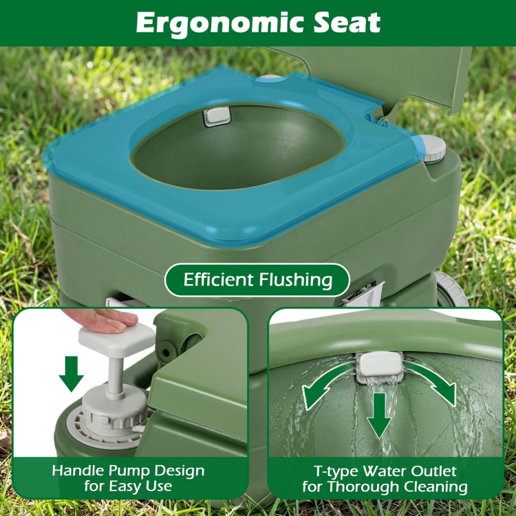 Portable camping toilet with ergonomic seat, 22 L waste tank, and handle pump design for easy flushing and transport.