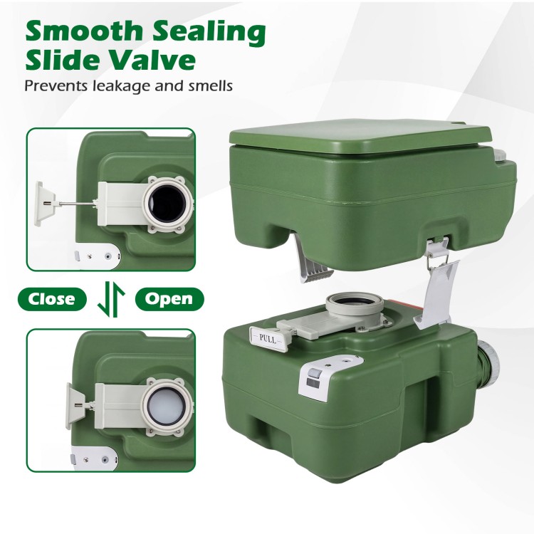 Portable camping toilet with a 22 L detachable waste tank, featuring a smooth sealing slide valve for easy use.