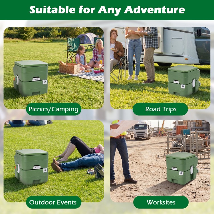 Portable camping toilet in green with a 22 L detachable waste tank, ideal for camping and outdoor events.