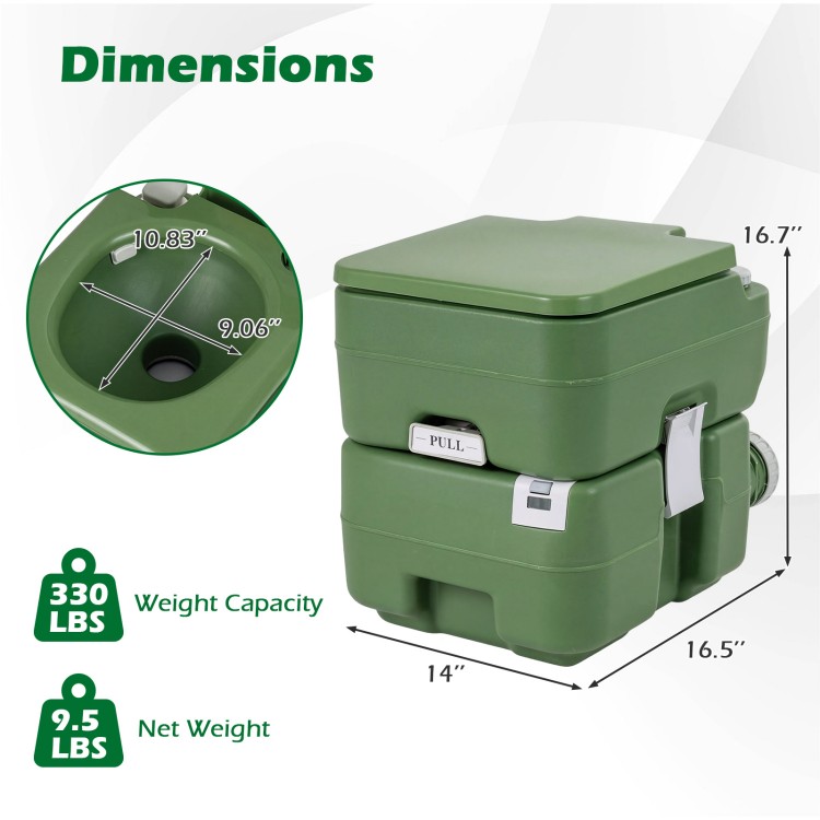 Portable camping toilet in green with a 22 L detachable waste tank, ergonomic seat, and level indicator for easy use.