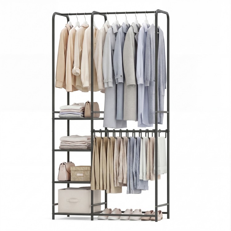 Portable black closet with double hanging rods, adjustable pants hangers, and four storage shelves for versatile.