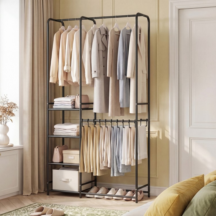 Portable closet in black with double hanging rods, adjustable pants hangers, and 4 open storage shelves for versatile.