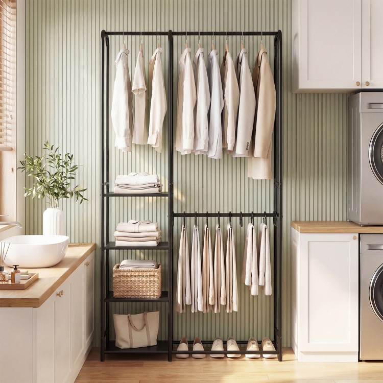 Portable black closet with double hanging rods and 4 shelves, perfect for organizing clothes and shoes in any room.