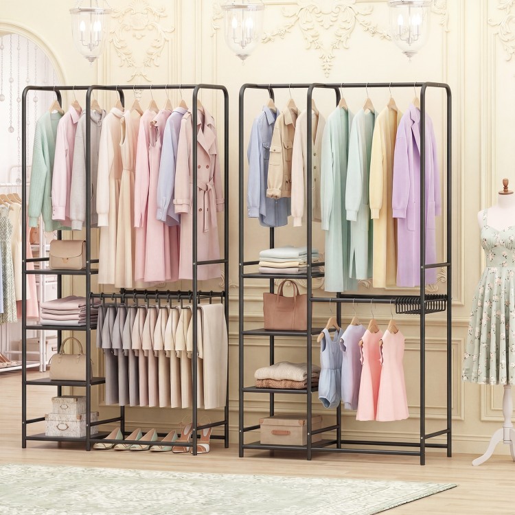 Portable black closet featuring double hanging rods, adjustable pants hangers, and 4 open storage shelves for versatile.
