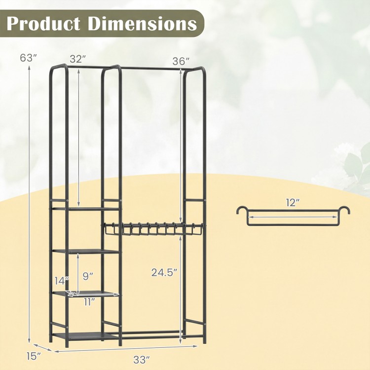 Portable closet with dimensions, featuring double hanging rods, adjustable pants hangers, and four storage shelves in.