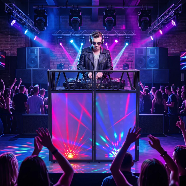 Portable DJ booth with black scrims, featuring a ventilated tabletop and removable shelves for versatile setups.