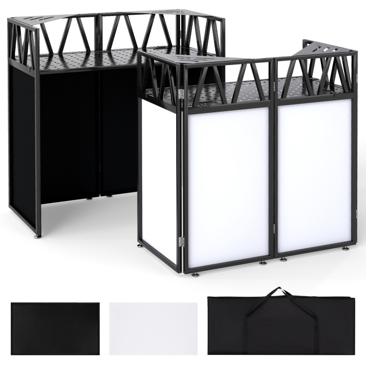 Portable DJ booth with black scrims, foldable design, and carrying bag for versatile stage setups and equipment organization.