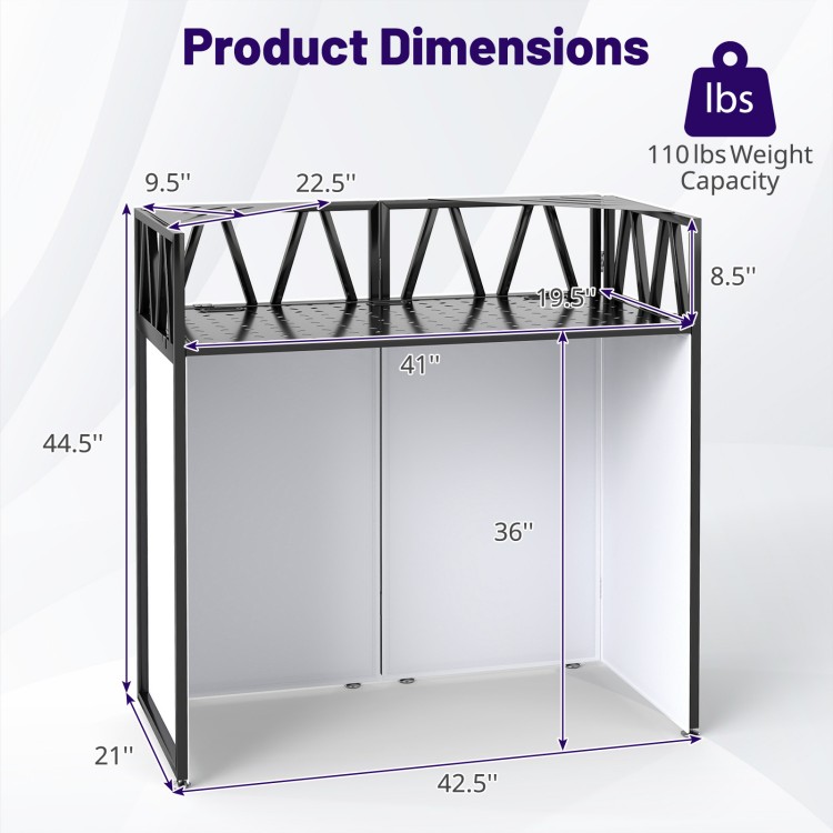 Portable DJ booth dimensions showing a black frame with scrims, designed for versatile lighting and equipment organization.