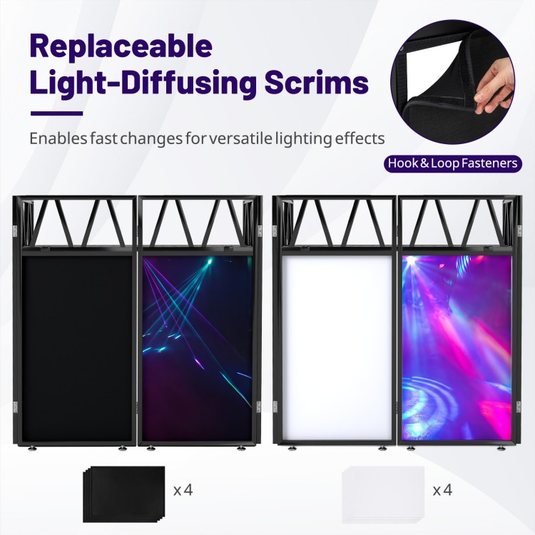 Portable DJ booth featuring replaceable black and white light-diffusing scrims for versatile lighting effects.