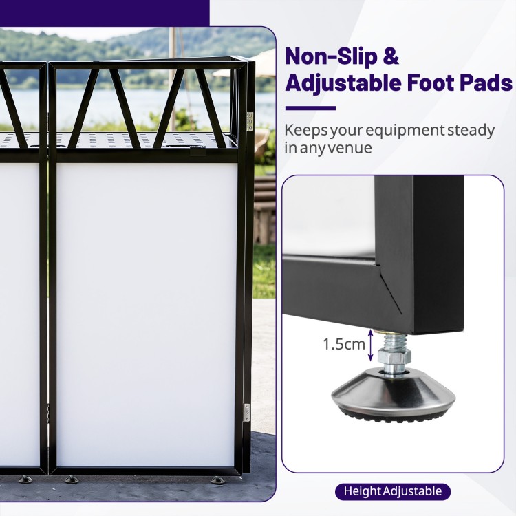 Non-slip adjustable foot pads ensure stability for the Portable DJ Booth with black scrims in any venue setup.